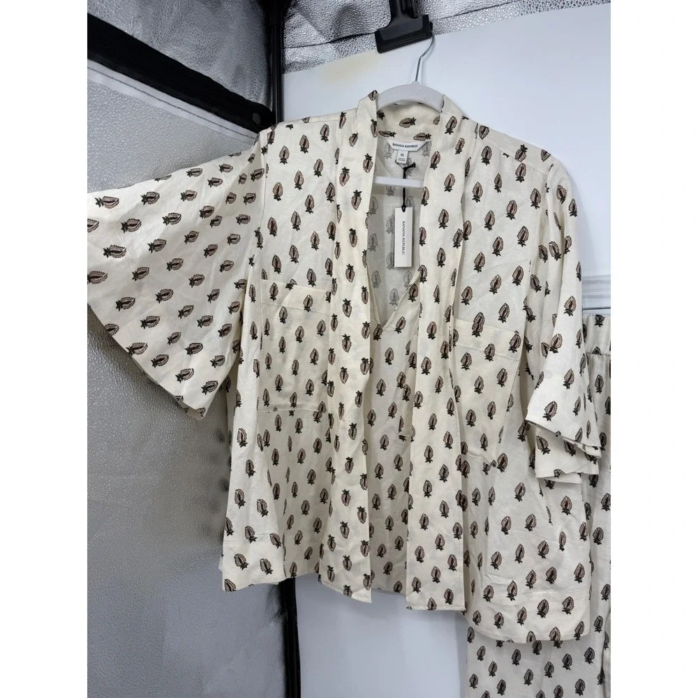 Banana Republic‎ Paisley Linen blend Set XL/L Petite Cream Black Kimono Pants